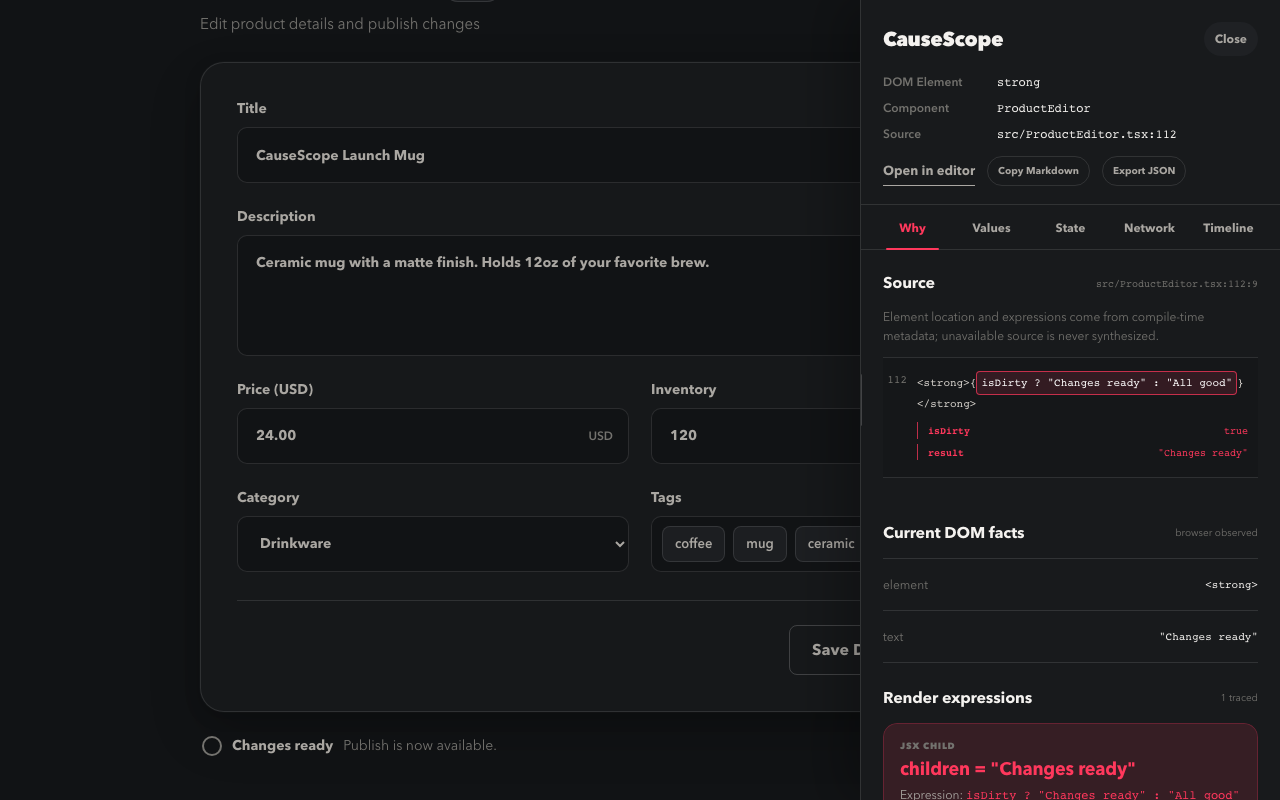CauseScope inspector tracing a React UI element to source and runtime evidence