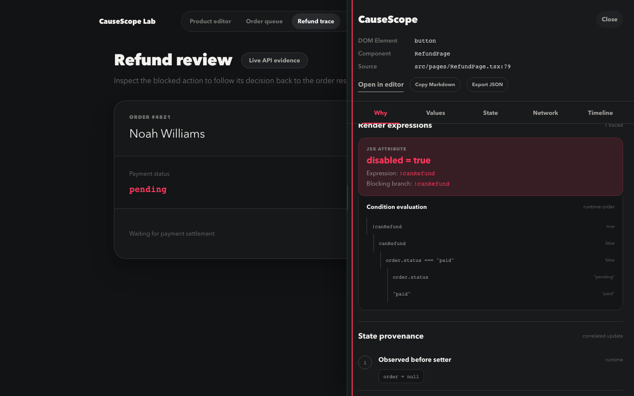CauseScope inspector tracing a React UI element to source and runtime evidence